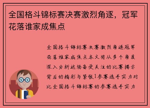 全国格斗锦标赛决赛激烈角逐，冠军花落谁家成焦点