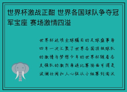 世界杯激战正酣 世界各国球队争夺冠军宝座 赛场激情四溢